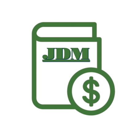 JD Morrow Bookkeeping logo - a book with the title JDM, and a coin on the lower left corner with a dollar sign
