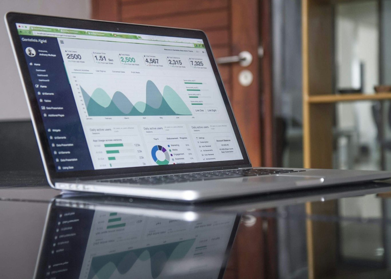 Image shows a laptop displaying graphs and numbers